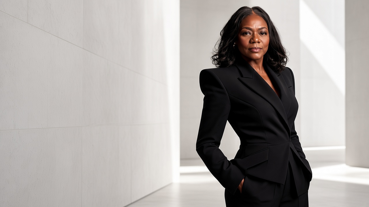 Kedra M. Gotel standing in a luminous architectural space wearing a structured black suit